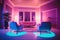 A architectural view to comfortable futiristic living room with synthwave colors lighting. AI generative image