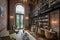 architecturally interesting library, featuring exposed brick walls and high ceilings