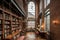 architecturally interesting library, featuring exposed brick walls and high ceilings