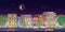 Architecture building in New York streets at night vector illustration, cartoon flat urban NY skyline, panorama view of