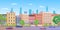 Architecture building in New York streets vector illustration, cartoon flat urban NY skyline, panorama view of