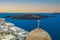Architecture with domes, churches and hotels of Fira, Santorini island, Greece