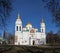 Architecture of Kievan Rus. Beautiful white old church with golden domes in Chernihiv, Ukraine