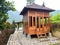 Architecture modern wooden stilt house with jetty, terrace built in indonesian mountains
