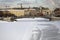 Architecture of Moscow city. Luzhkovs bridge. Color winter photo.