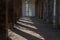 Architecture of old brick hallway in red color