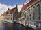 Architecture outdoors of Sint-Jans hospital, the old city buildings on the water canals in Bruges, Belgium