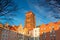 Architecture of St. Mary's Basilica in Gdansk at sunset, Poland