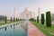 The architecture of the Taj Mahal is an ivory-white marble mausoleum on the south bank of the Yamuna River in the city of Agra