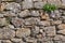 Architecture textures, detailed and rustic of paired masonry granite wall with small herbs