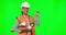 Architecture, woman pointing and green screen for construction worker mockup, advertising and presentation. Planning