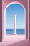 an archway with a column and a view of the ocean