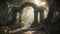 Archway in an enchanted fairy forest landscape, misty dark mood. AI Generative