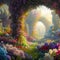 Archway in an enchanted fairy garden landscape. Generative AI