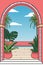 an archway with palm trees and a view of the beach