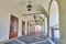 Archway passage at Arts House - Butchers Guild Hall Casa Artelor in Sibiu, Romania, with a pattern of wooden doors