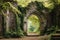 an archway in a stone wall with plants growing on it