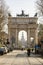 Arco della Pace and Castello Sforzesco, seen between the arches. Milan. Lombardy, Italy.