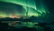 Arctic adventure Majestic mountain range illuminated by aurora polaris generated by AI