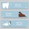 Arctic animals and north pole cartoon banners set, vector illustration. Antarctica and North Pole arctic animals, white