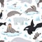 Arctic animals pattern. Children animal antarctic print, north polar wildlife background. Nordic ocean whale, seal on