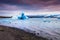 Arctic ducks between blue icebergs in Jokulsarlon glacial lagoon