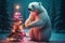 Arctic Elegance: Polar Bear Beside Christmas Tree Adorned with Lights in Snowy Forest. Generative ai