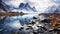 Arctic Fjord: Majestic Mountain Range And Rocks In A Cold, Beautiful Lake