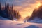 Arctic fox on a large frozen cliff at snowy landscape in rays of sunset, AI generated