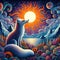 Arctic fox in the midnight sun, at summer, whisical wild place, bold painting, surrealism, flower, clouds