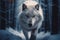 Arctic Guardian: Majestic White Wolf with Glowing Orange Eyes in a Cold Snowy Forest. Generative ai