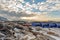 Arctic Inuit houses on the rocky hills in sunset panorama. Nuuk, Greenland