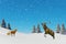 Arctic landscape scene, snow falling on reindeer in snowfield in winter season and Christmas day