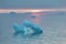 Arctic nature landscape with icebergs in Greenland icefjord with midnight sun sunset / sunrise in the horizon.  Early morning