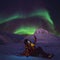 Arctic Northern lights aurora borealis sky star in Norway travel blogger girl man Svalbard in Longyearbyen city the moon mountains