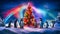 Arctic penguins celebrating around a multi colored lit Christmas tree.Generative AI