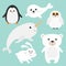 Arctic polar animal set. White bear, owl, penguin, Seal pup baby harp, hare, rabbit, narwhal, unicorn-fish. Kids education cards.