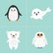 Arctic polar animal set. White bear, owl, penguin, Seal pup baby harp. Kids education cards. Blue background. Isolated.