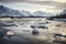 arctic river with ice floes and mountains in the background