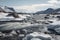 arctic river with ice floes and mountains in the background