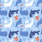 Arctic sea animals, cute blue whale, killer whale, beluga and seal, seamless pattern, adorable underwater mammals