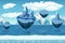 Arctic seamless cartoon landscape, endless pattern with icebergs and snow islands