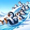 Arctic Sledding Adventure: Penguins Frolicking on Snowy Slope