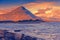 Arctic wilderness, mountain landscape at magic sunset