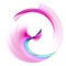 Arcuate, wavy, transparent, magenta elements rotate on a white background. Graphic design element. Logo, sign, icon, symbol. 3d