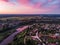 Areal countryside sunset view with river Venta
