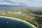 Areal view of Koukounaries beach at Skiathos lake and pine forest