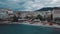 Areal view of a old broken boat garage with flying seagulls and aqueduct in background in the city of kavala in greece