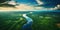 areal view of the vast amazon river and amazonian lush rain forest jungle. Blue sky over the south american tropical rain forest.