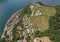 Areal view at wineyard and castle of Morcote on lake Lugano, Switzerland